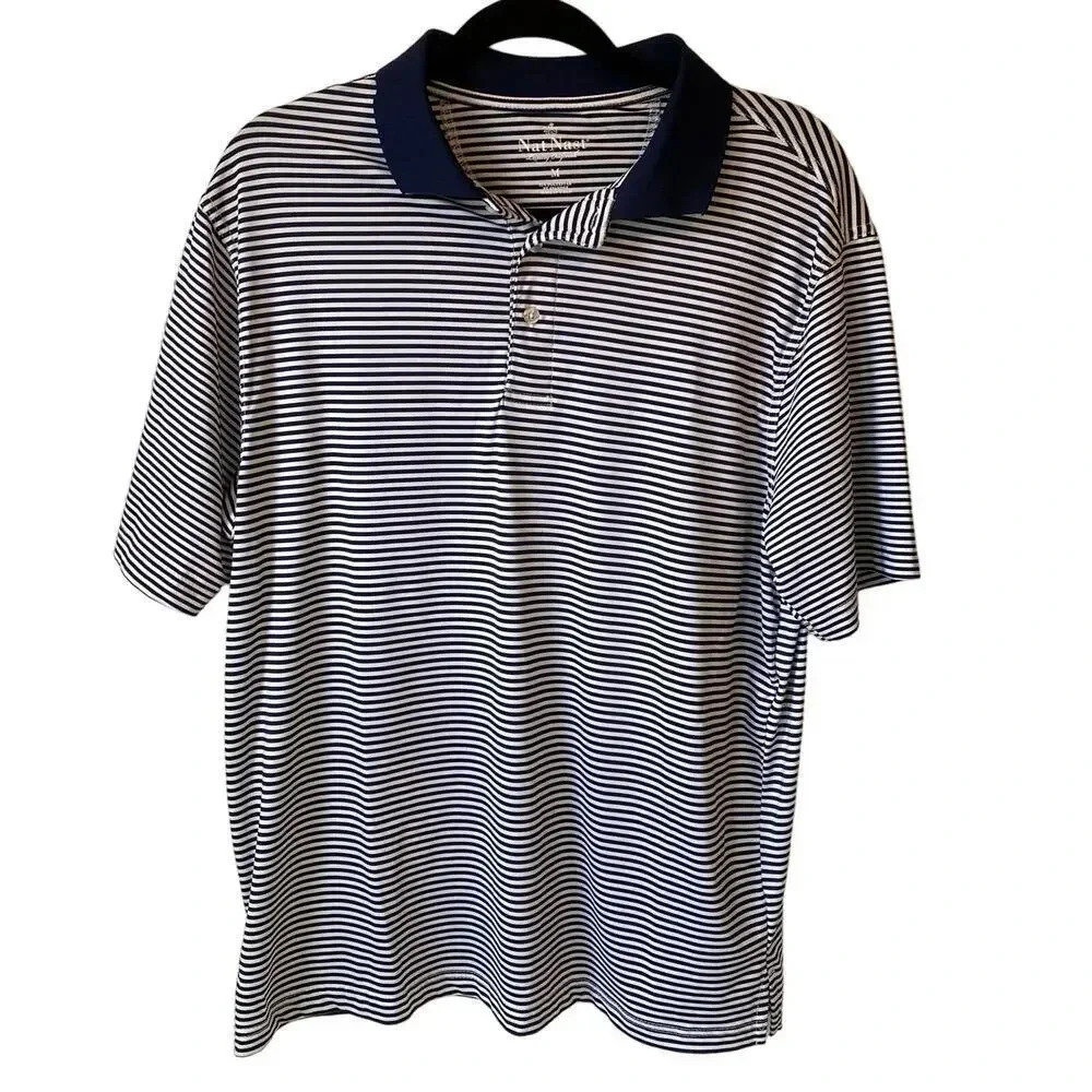 Nat Nast Luxury Original Blue White Stripes Golf Polo Shirt Mens Size M Stretch